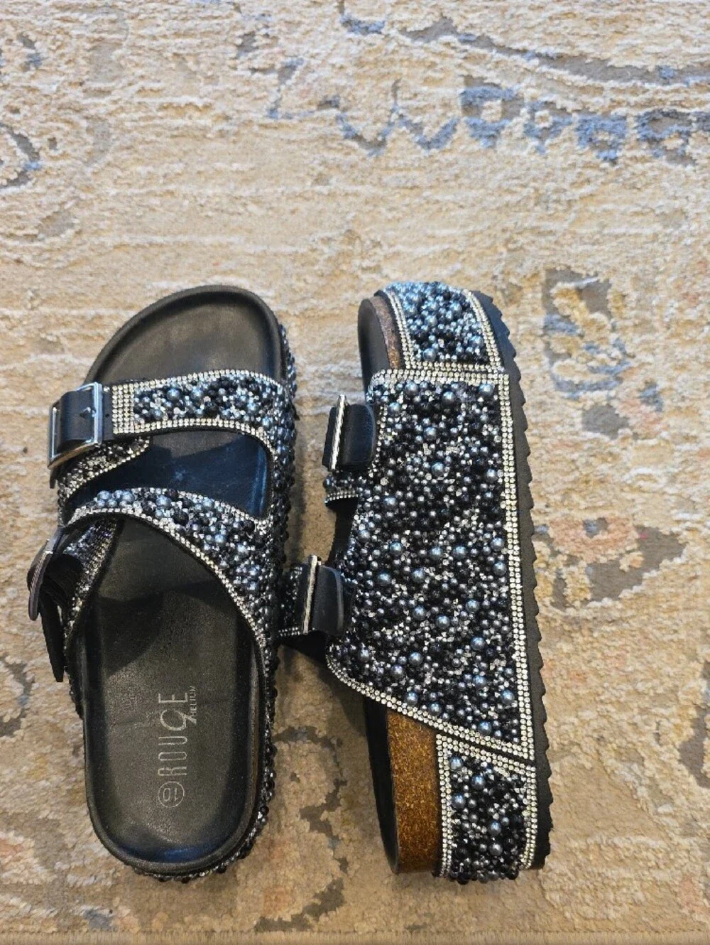 Rouge Helium Black Beaded Double-Buckle Platform Sandals